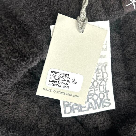 NWT Barefoot Dreams CozyChic Cable Beanie With Pom Pom in Dark Brown OS